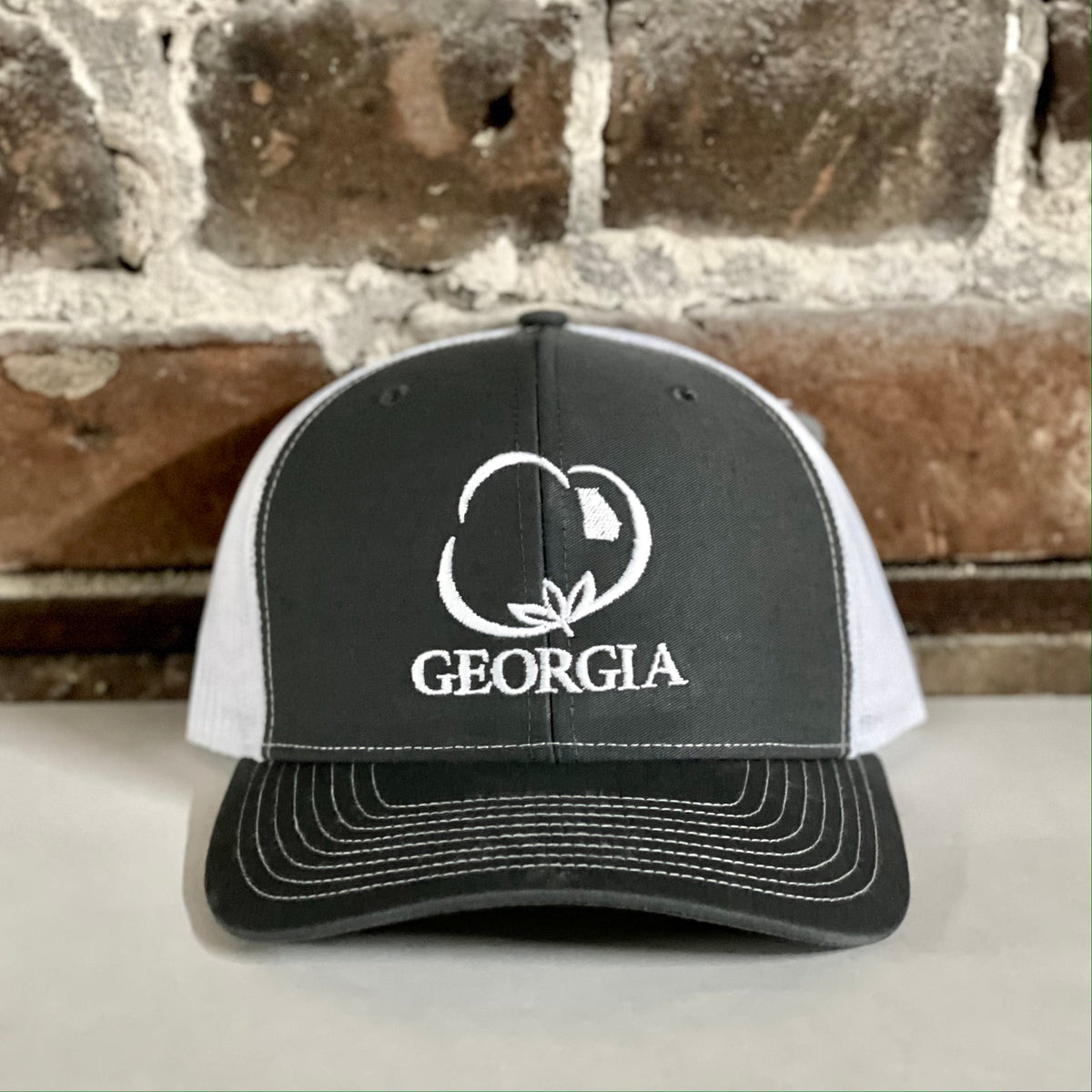 Heritage Pride Logo Georgia State Cotton Boll Southern Men's Trucker Hat  Black Black Mesh - Trenz Shirt Company